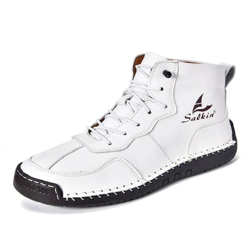 Beige high-top casual boots with elastic band and flat rubber sole