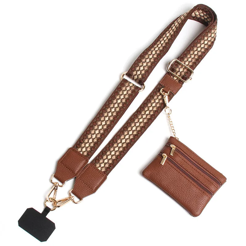 Polyester mobile phone lanyard with silk screen print in apricot colour showing long shoulder strap design