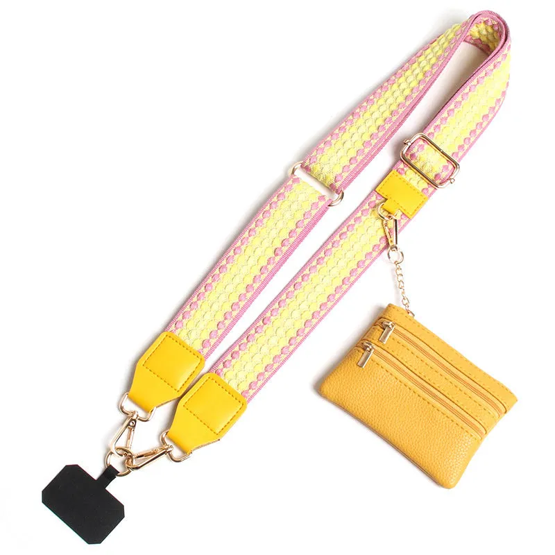 Polyester mobile phone lanyard with silk screen print in apricot colour showing long shoulder strap design
