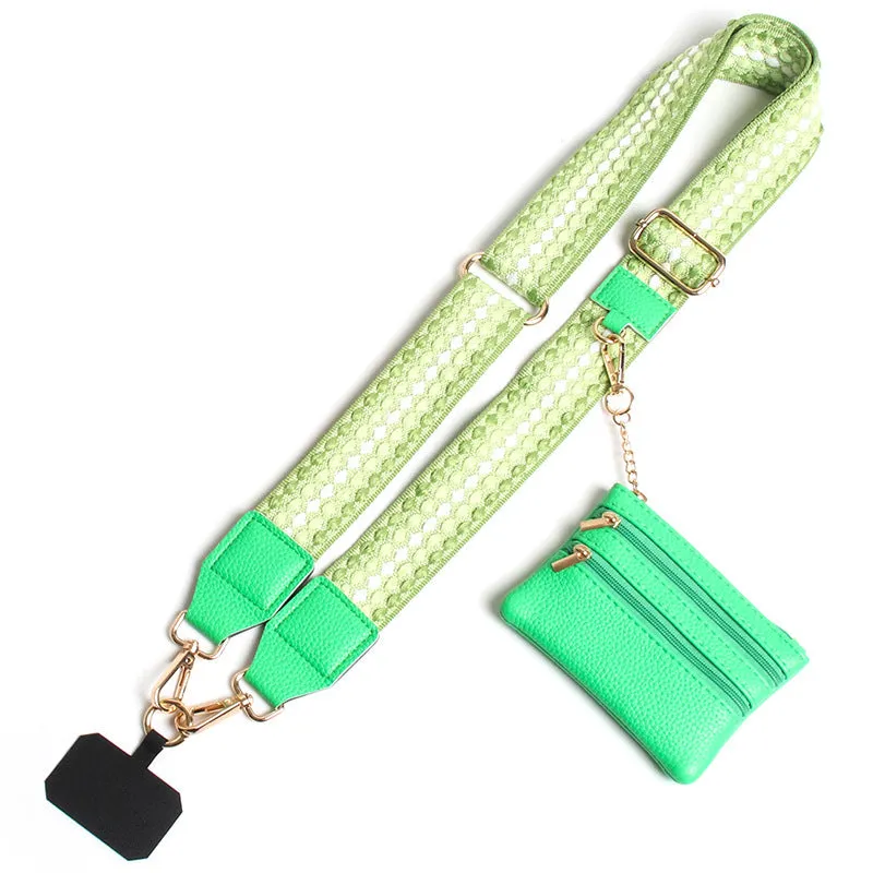Polyester mobile phone lanyard with silk screen print in apricot colour showing long shoulder strap design