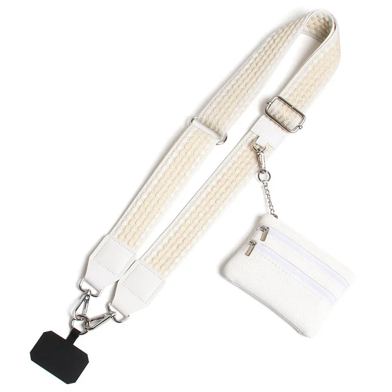 Polyester mobile phone lanyard with silk screen print in apricot colour showing long shoulder strap design