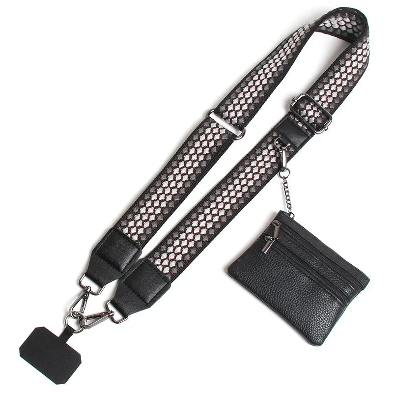 Polyester mobile phone lanyard with silk screen print in apricot colour showing long shoulder strap design