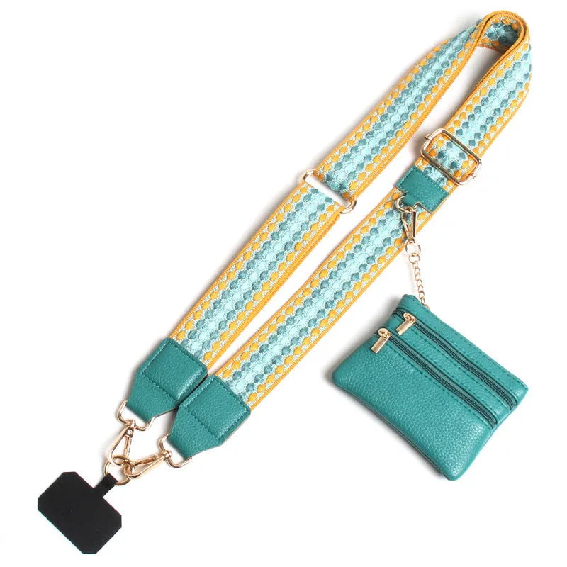 Polyester mobile phone lanyard with silk screen print in apricot colour showing long shoulder strap design