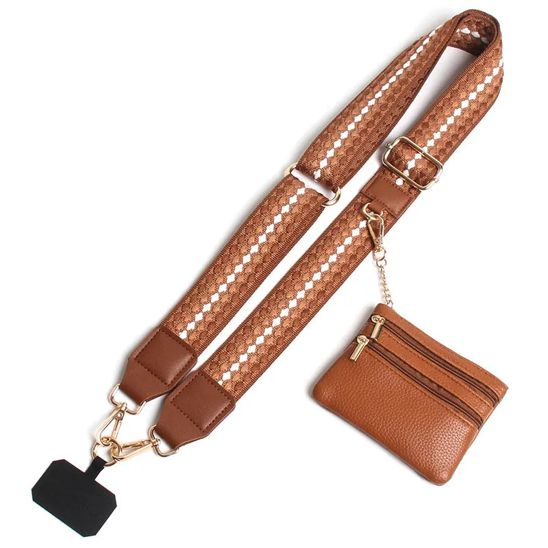 Polyester mobile phone lanyard with silk screen print in apricot colour showing long shoulder strap design