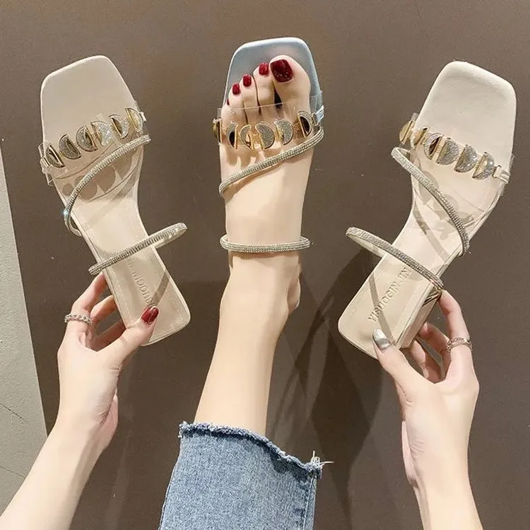 Women's dignified rhinestone sandals in white with square toe shape, PU upper, and rubber sole