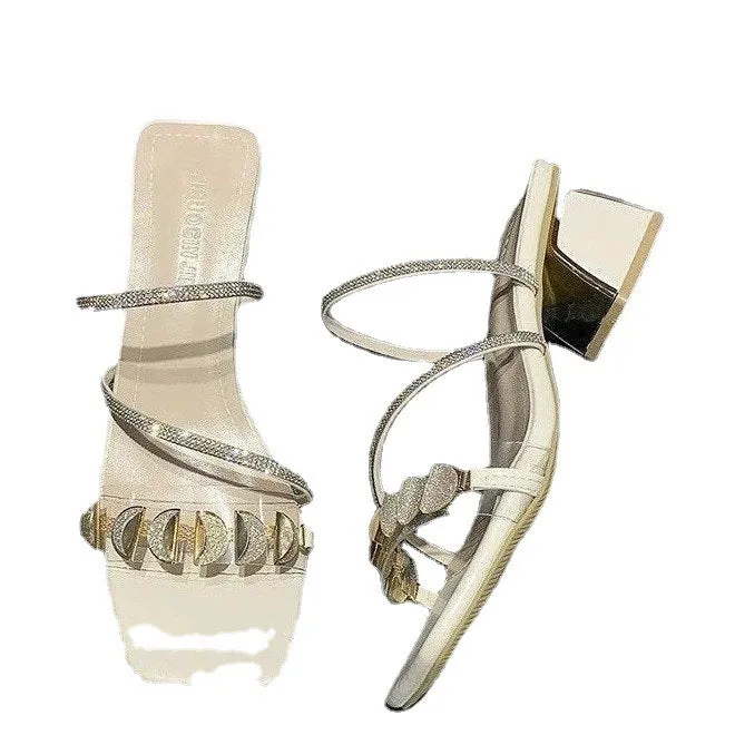 Women's dignified rhinestone sandals in white with square toe shape, PU upper, and rubber sole