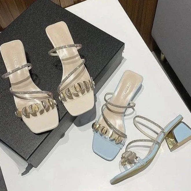 Women's dignified rhinestone sandals in white with square toe shape, PU upper, and rubber sole