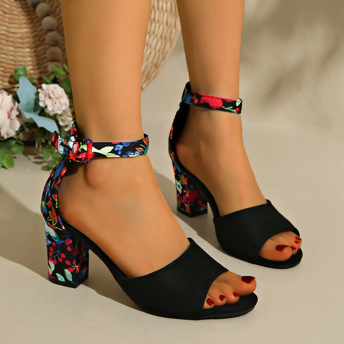 Women's round toe hollow ankle-strap buckle thick high heel sandals in black red yellow sizes 34-45