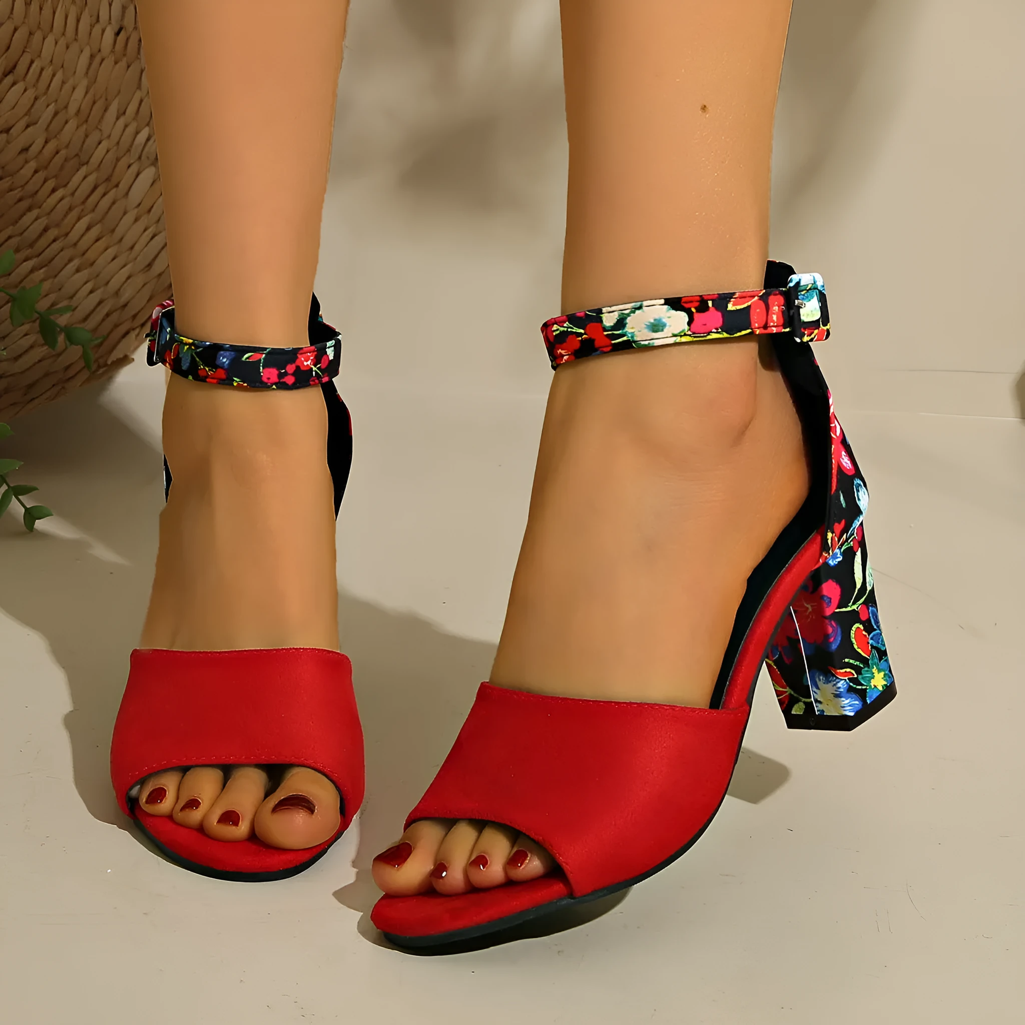 Women's round toe hollow ankle-strap buckle thick high heel sandals in black red yellow sizes 34-45