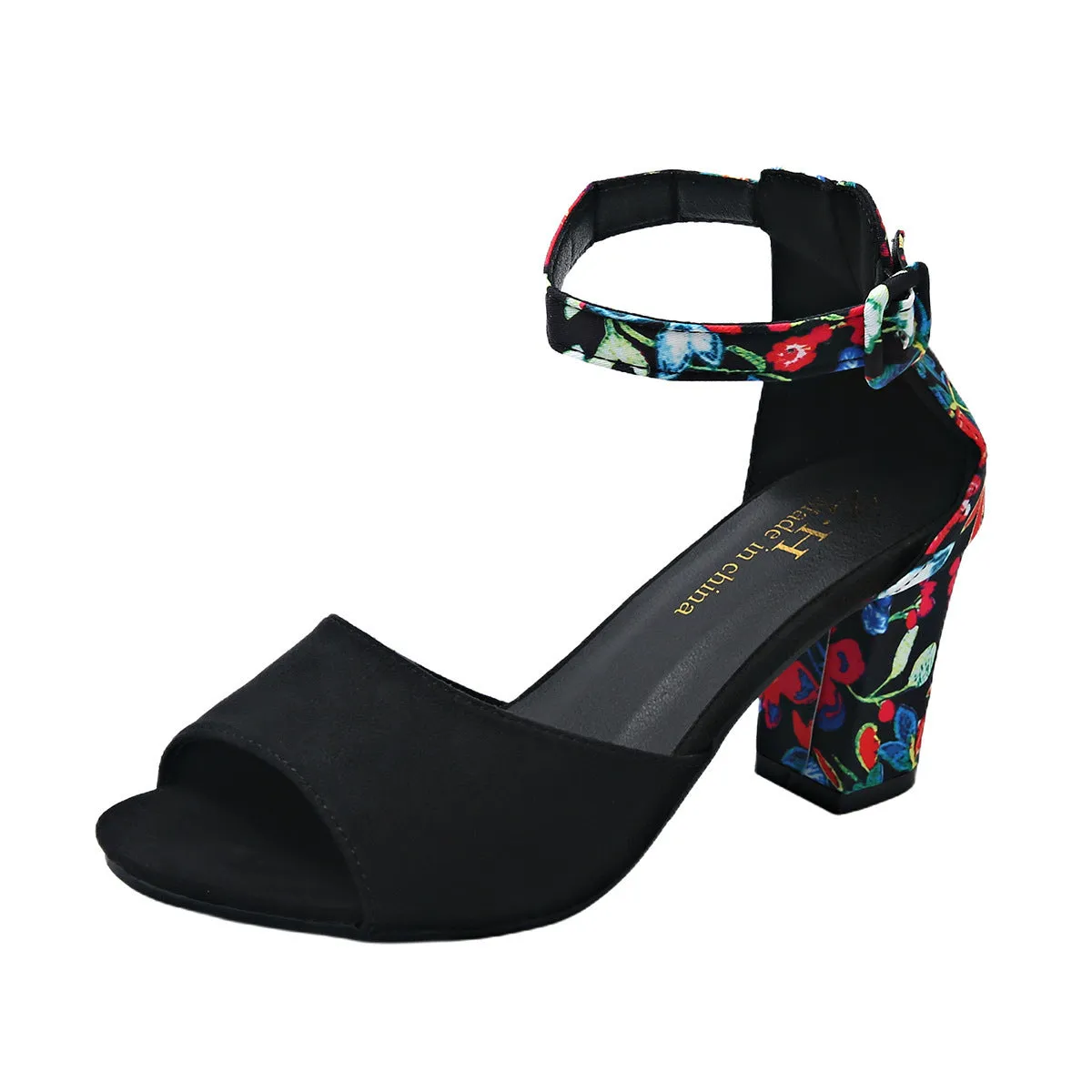Women's round toe hollow ankle-strap buckle thick high heel sandals in black red yellow sizes 34-45