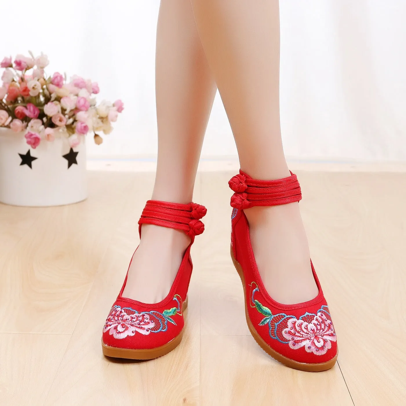 Women's rhinestone ethnic pattern double buckle canvas high heels flat heel round toe beige colour