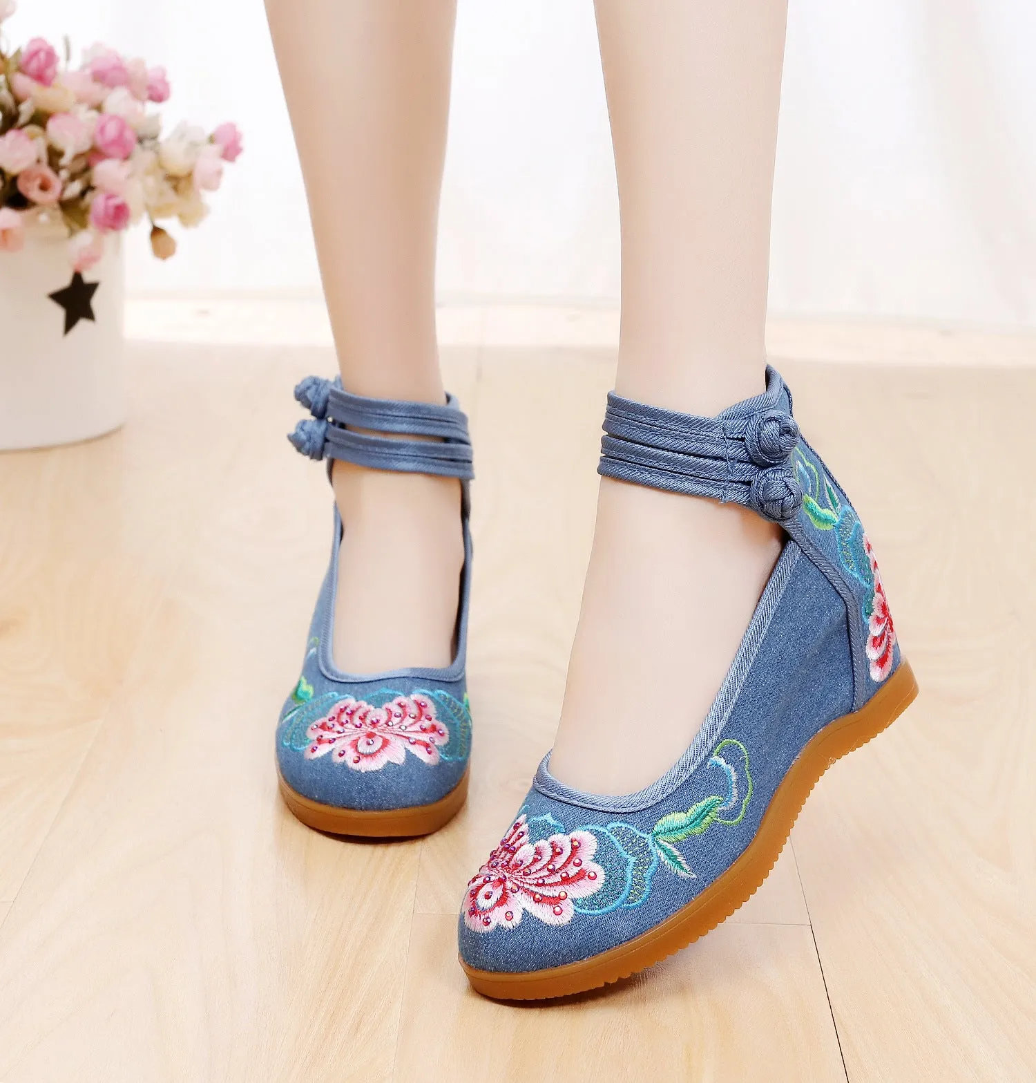 Women's rhinestone ethnic pattern double buckle canvas high heels flat heel round toe beige colour