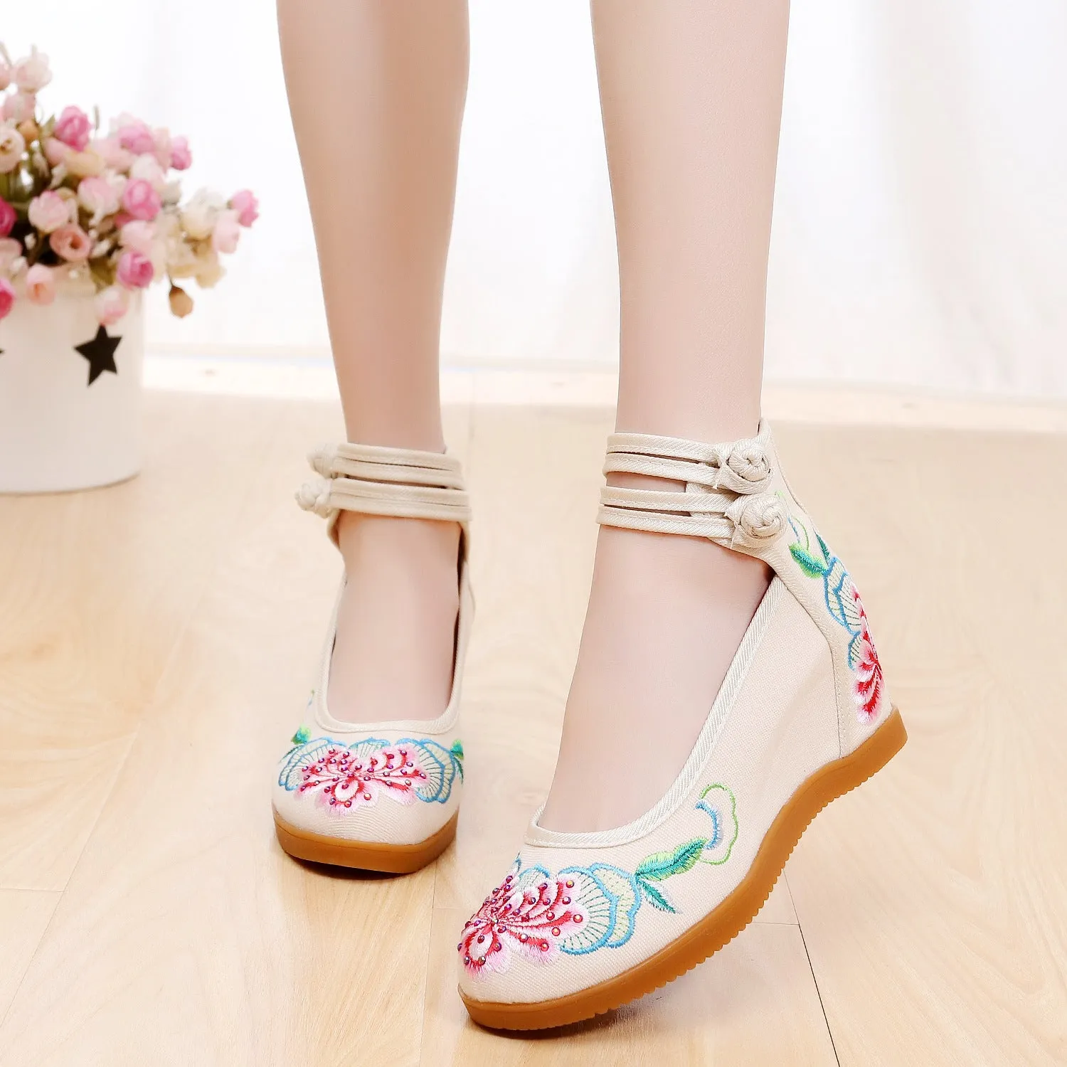 Women's rhinestone ethnic pattern double buckle canvas high heels flat heel round toe beige colour