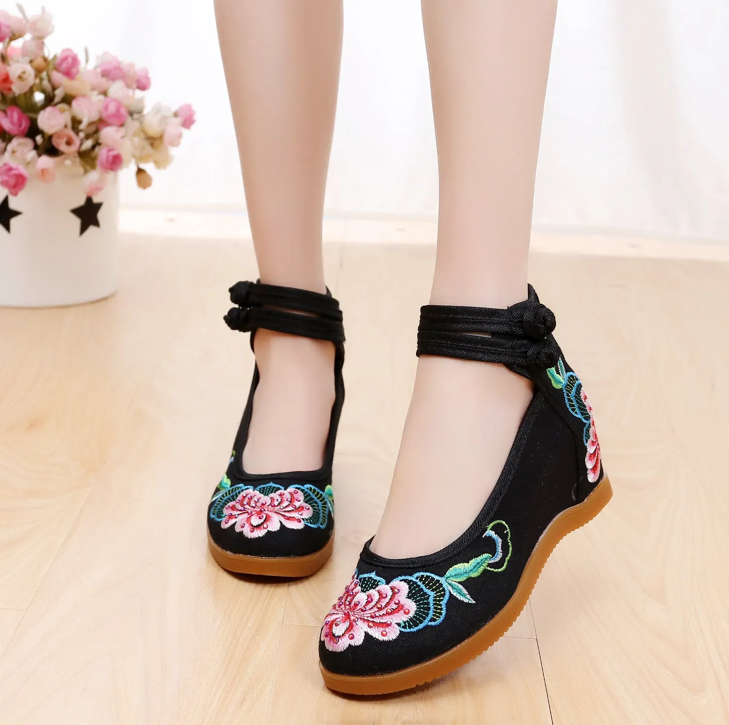 Women's rhinestone ethnic pattern double buckle canvas high heels flat heel round toe beige colour