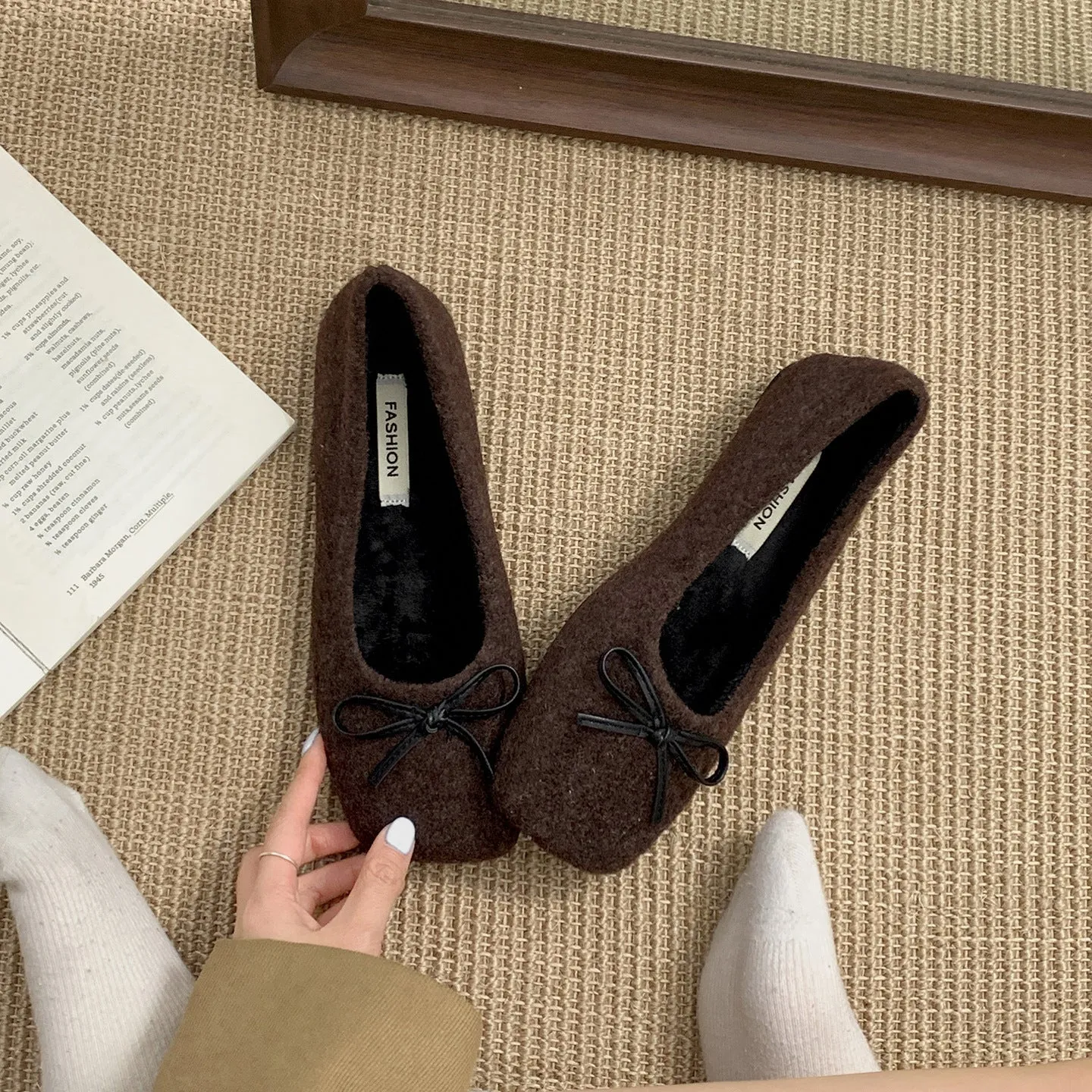 Retro French flat low-cut women's suede pumps in brown with cross shoulder strap detail and round toe