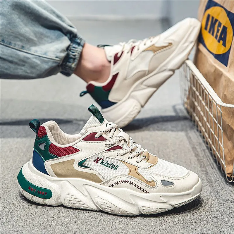Men's casual sneakers with height-increasing insole, soft sole, round toe, PU upper, available in beige red