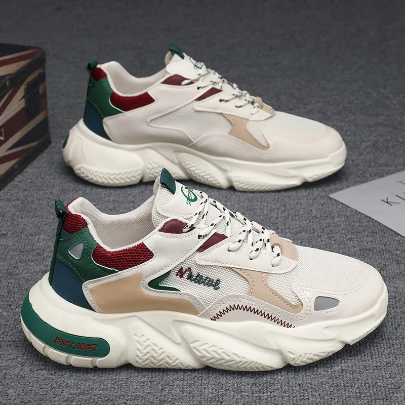 Men's casual sneakers with height-increasing insole, soft sole, round toe, PU upper, available in beige red
