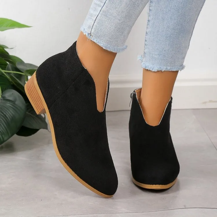 V Cut Chelsea women's chunky heel pointed ankle boots in solid colour with side zipper