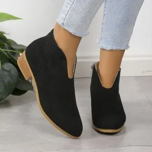 V Cut Chelsea women's chunky heel pointed ankle boots in solid colour with side zipper