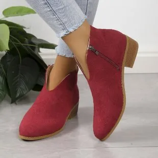 V Cut Chelsea women's chunky heel pointed ankle boots in solid colour with side zipper