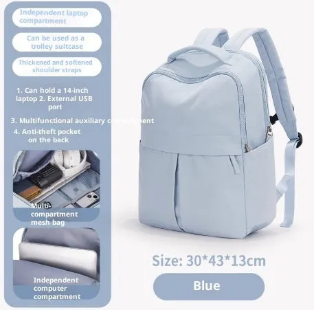 Nylon travel computer backpack with vertical square shape, zipper closure, and double-joint shoulder straps in green on white background
