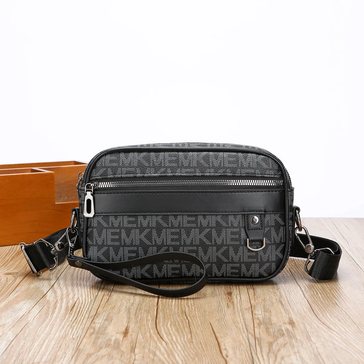 Men's black geometric pattern PU messenger bag with shoulder strap and handheld option