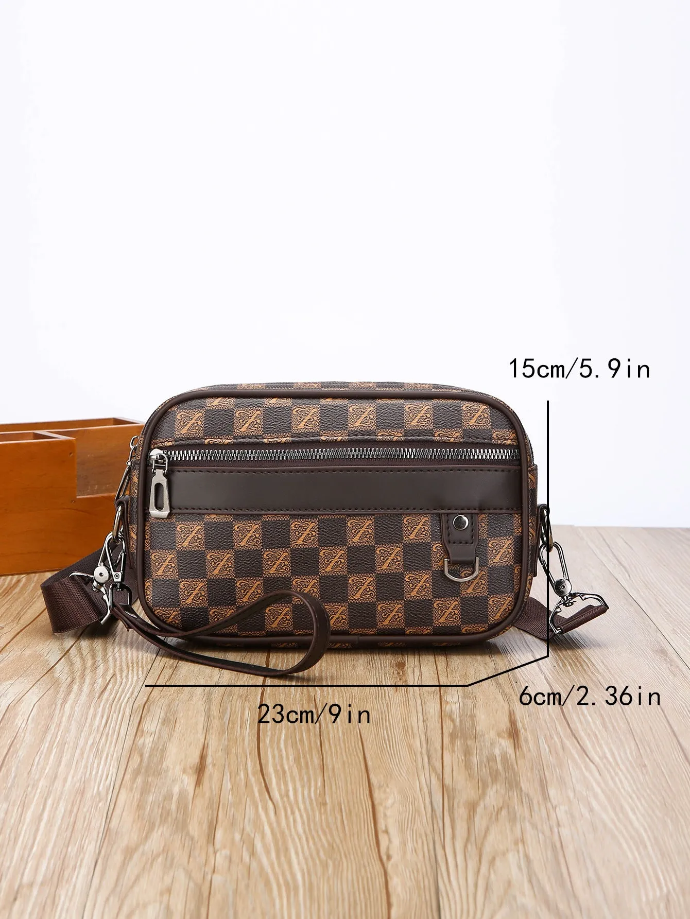 Men's black geometric pattern PU messenger bag with shoulder strap and handheld option