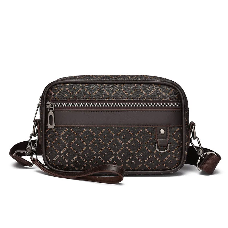 Men's black geometric pattern PU messenger bag with shoulder strap and handheld option
