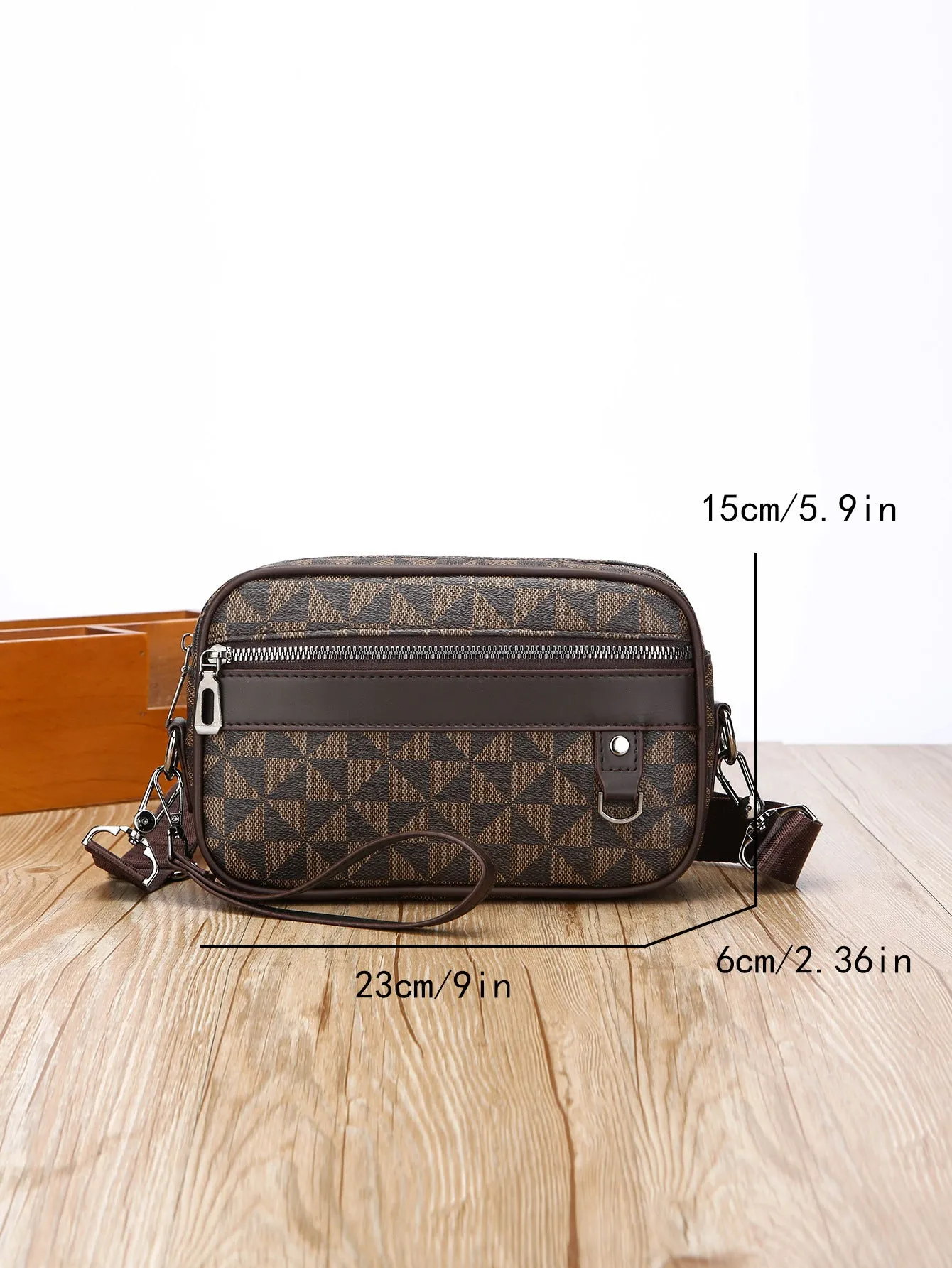 Men's black geometric pattern PU messenger bag with shoulder strap and handheld option