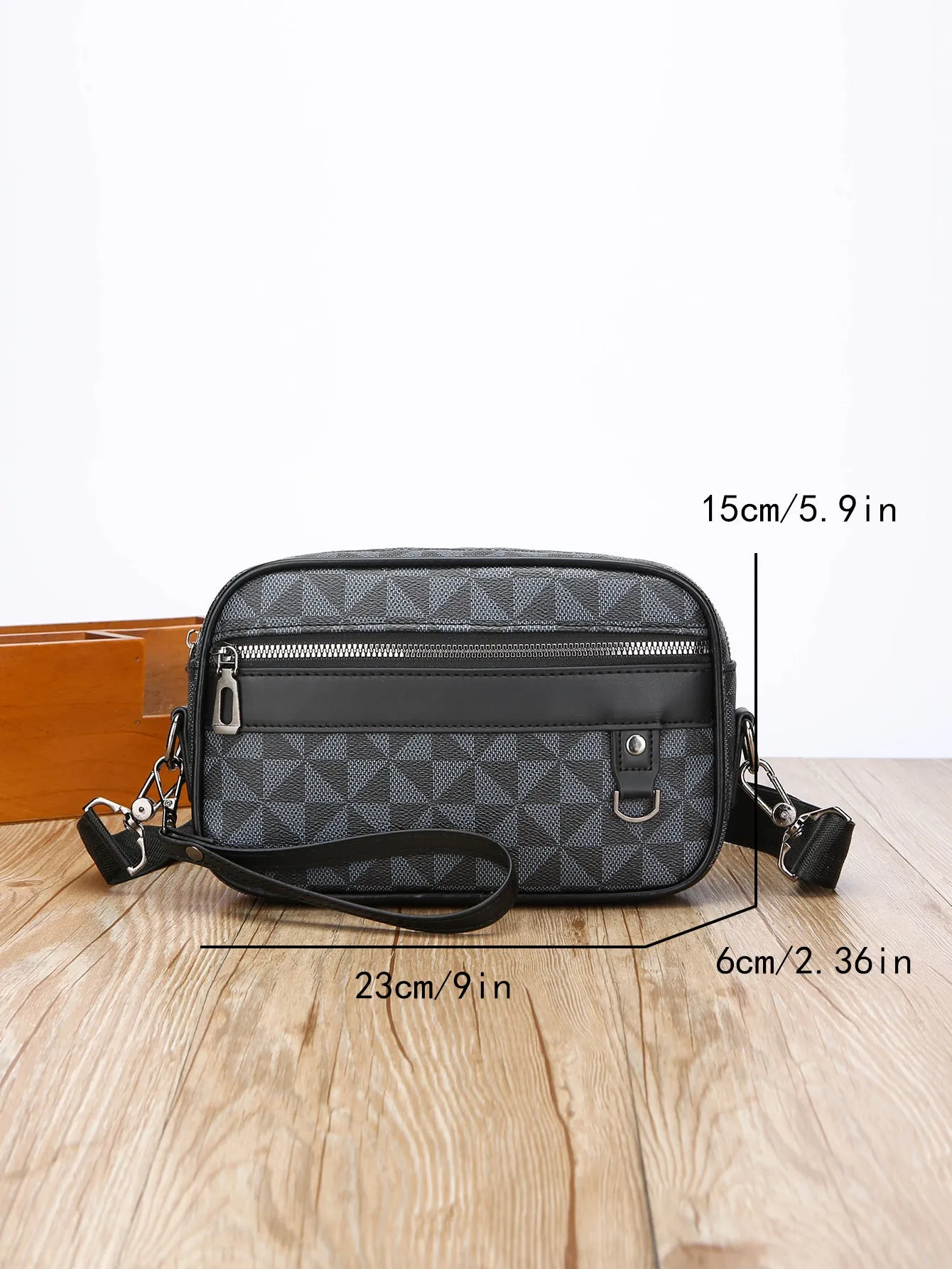 Men's black geometric pattern PU messenger bag with shoulder strap and handheld option