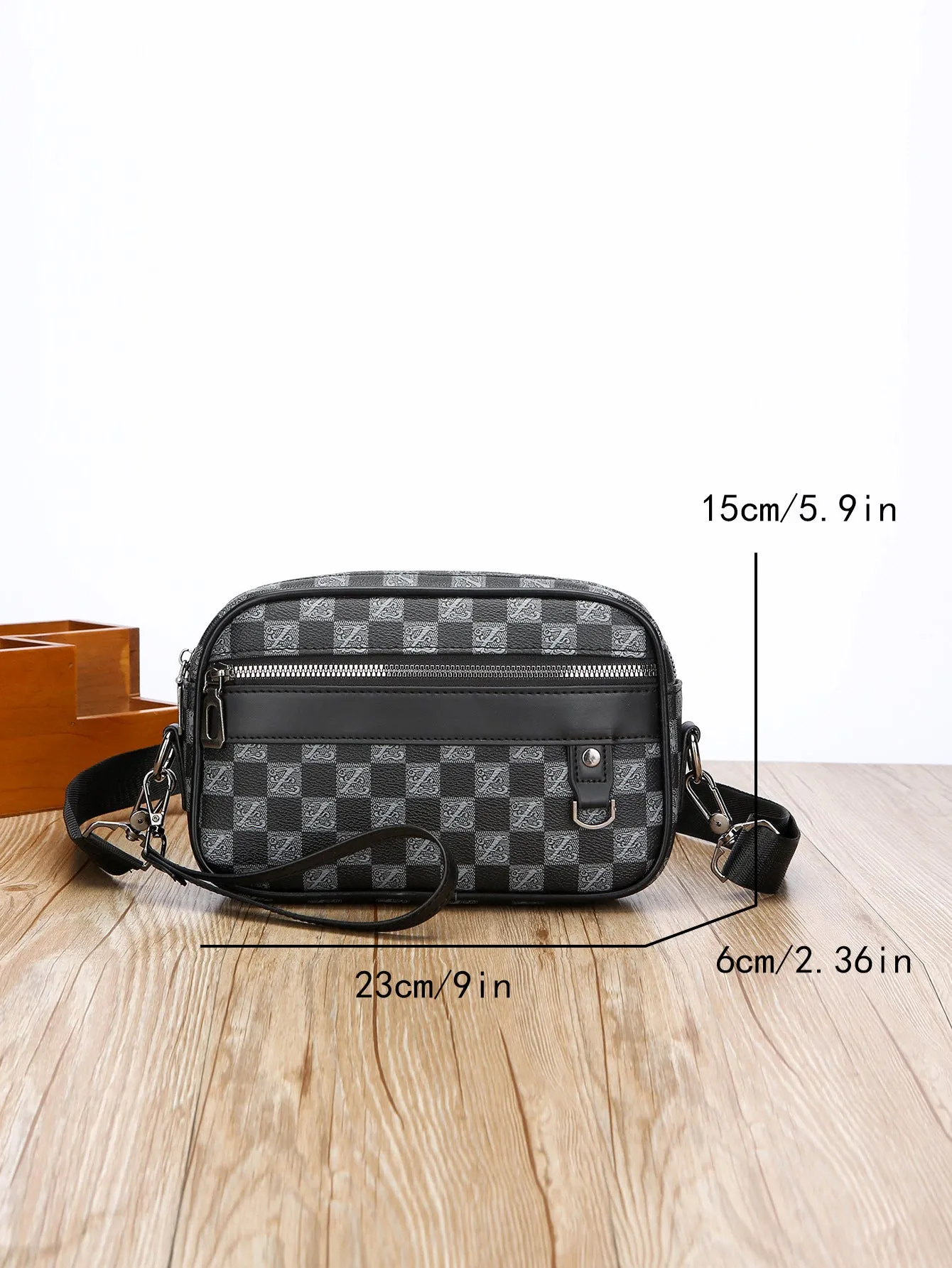Men's black geometric pattern PU messenger bag with shoulder strap and handheld option