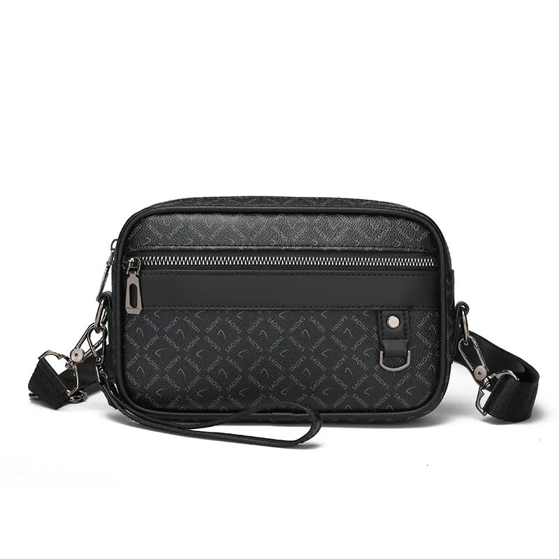 Men's black geometric pattern PU messenger bag with shoulder strap and handheld option