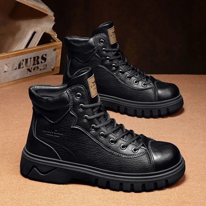 Men's high-top platform working boots in black PU leather with lace-up closure and rubber sole