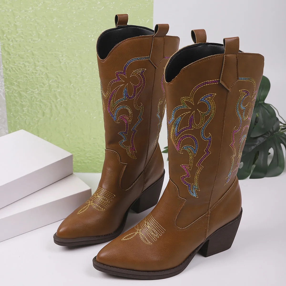Embroidered knight boots for women with pointed toe chunky heel in brown and black, oversleeve design