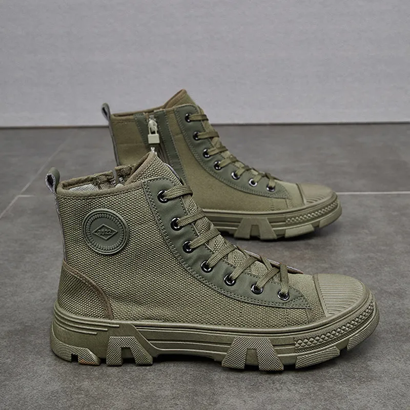 Breathable men's high-top non-slip protective shoes with side zipper, fabric upper, rubber sole, khaki colour