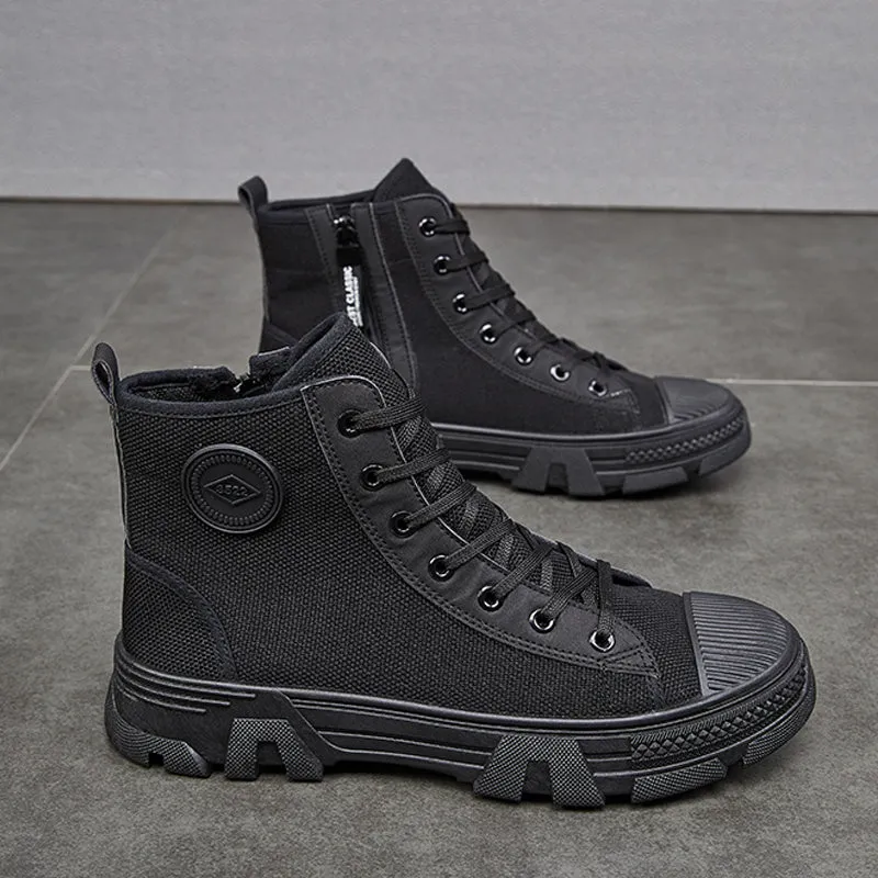 Breathable men's high-top non-slip protective shoes with side zipper, fabric upper, rubber sole, khaki colour