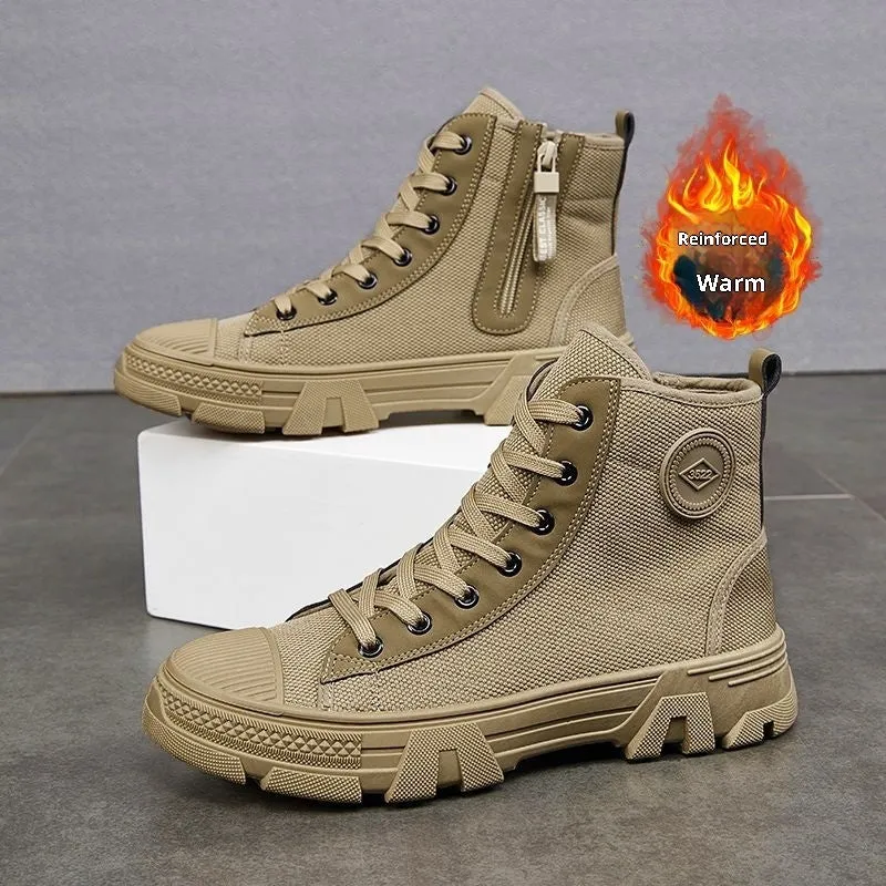 Breathable men's high-top non-slip protective shoes with side zipper, fabric upper, rubber sole, khaki colour
