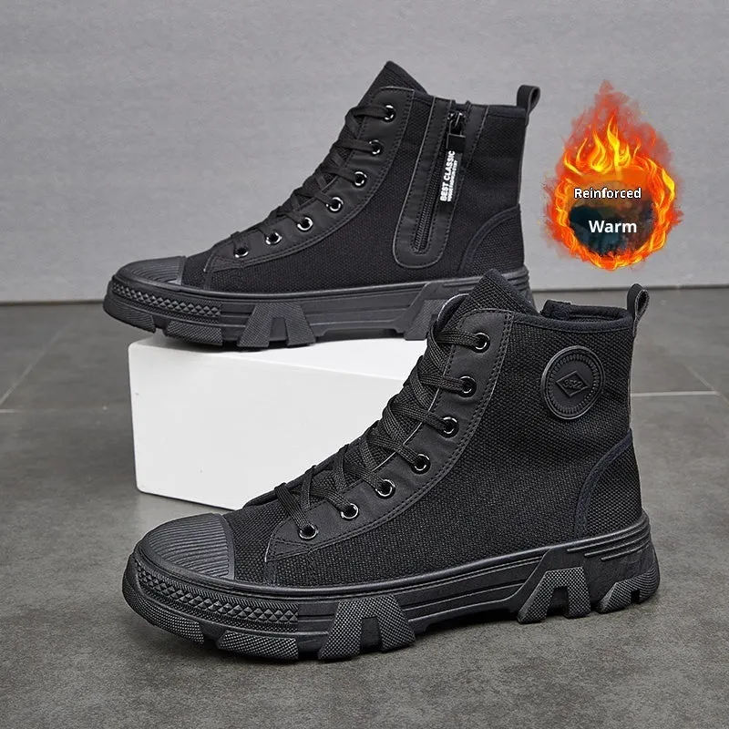 Breathable men's high-top non-slip protective shoes with side zipper, fabric upper, rubber sole, khaki colour
