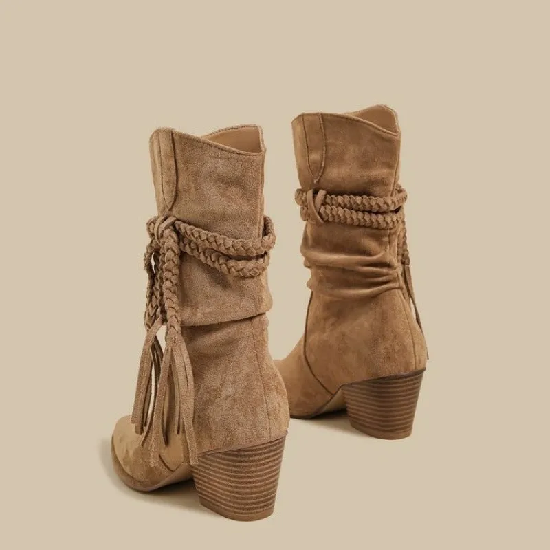 Women's tassel hemp rope cowboy boots in brown cowhide leather with pointed toe and chunky heel