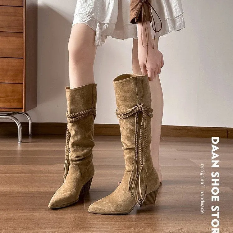Women's tassel hemp rope cowboy boots in brown cowhide leather with pointed toe and chunky heel