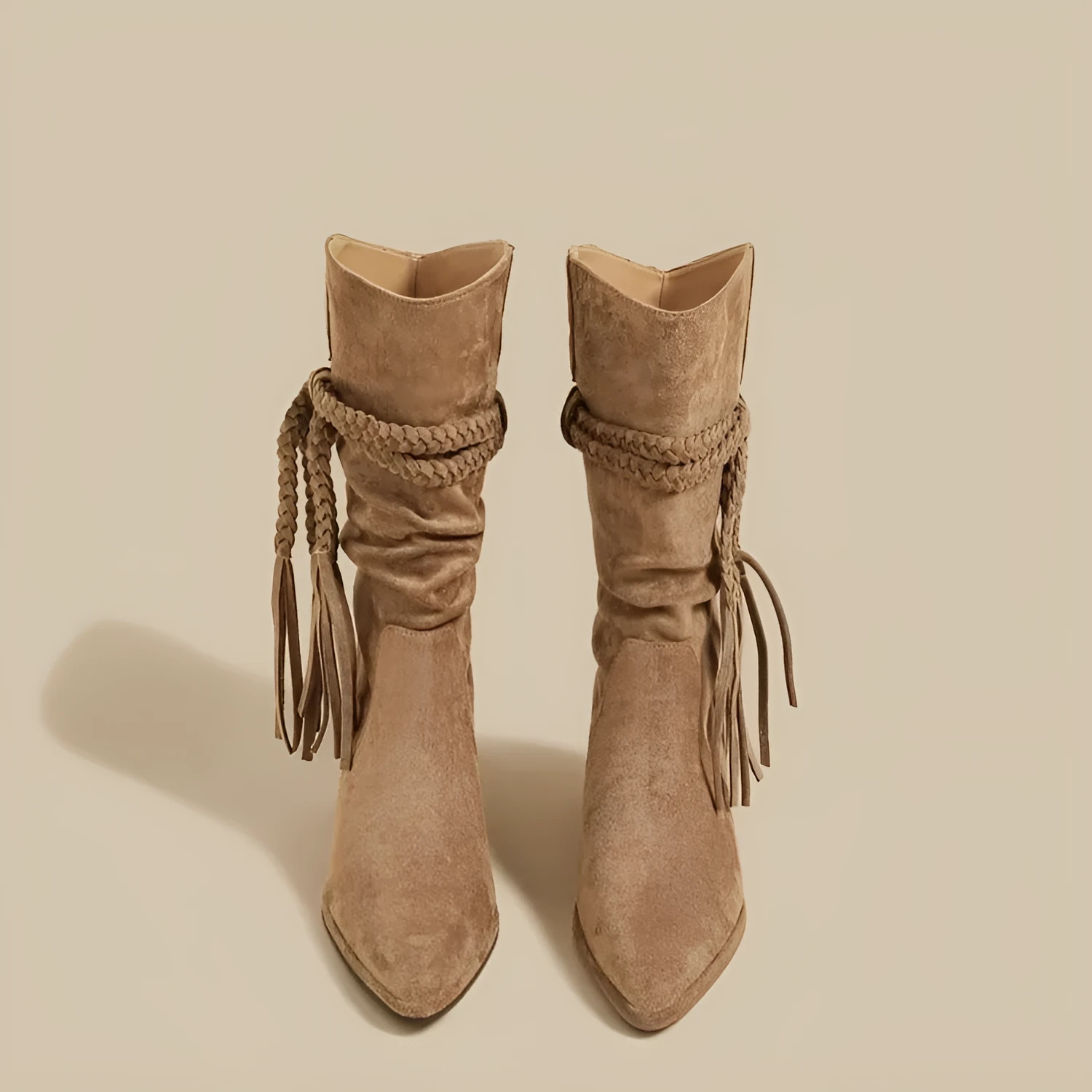 Women's tassel hemp rope cowboy boots in brown cowhide leather with pointed toe and chunky heel