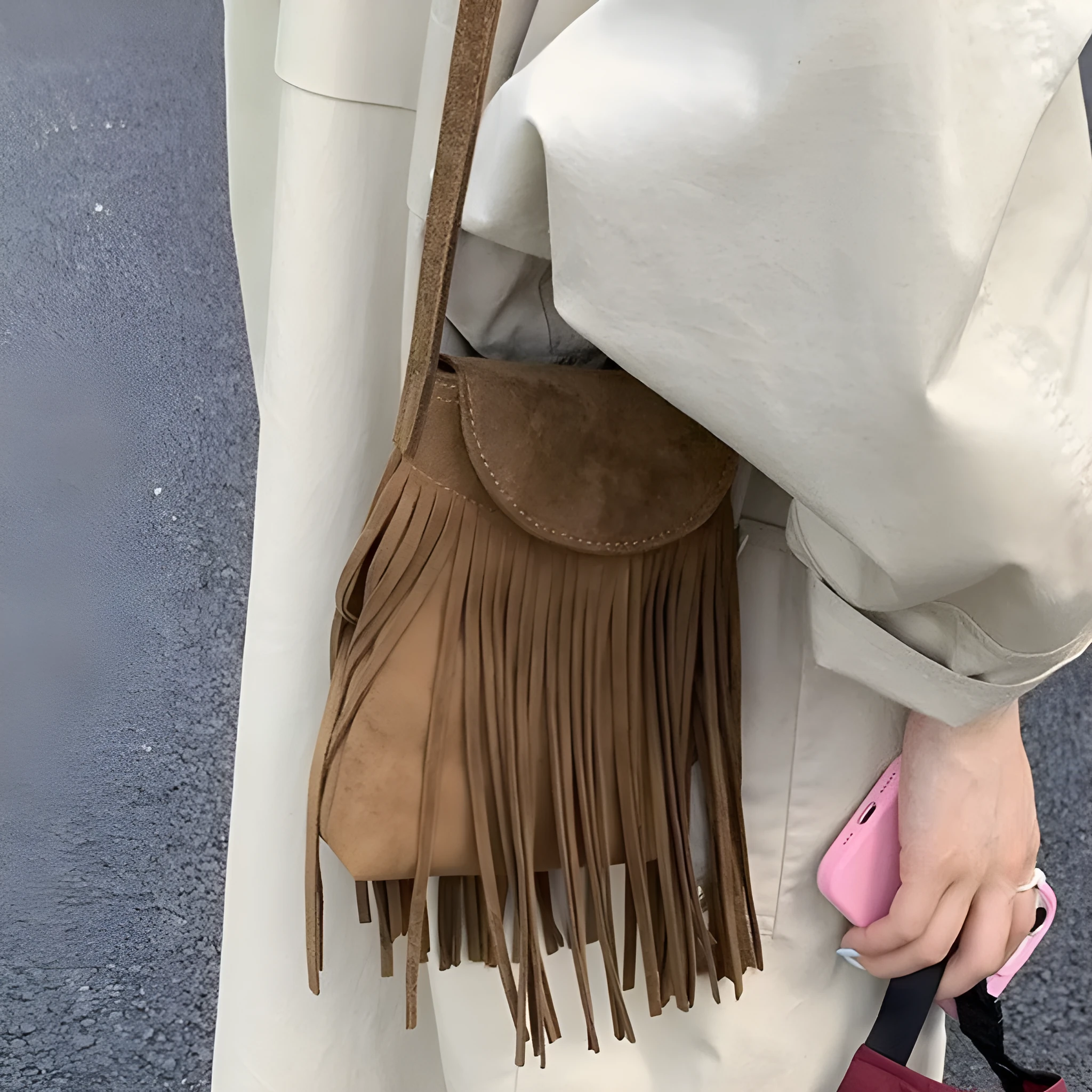 Retro frosted suede mobile phone messenger bag with tassel, available in multiple colours, 13cm length