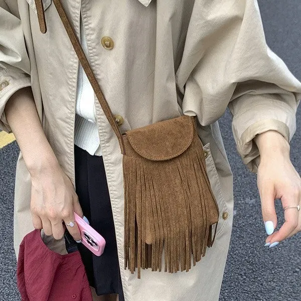 Retro frosted suede mobile phone messenger bag with tassel, available in multiple colours, 13cm length