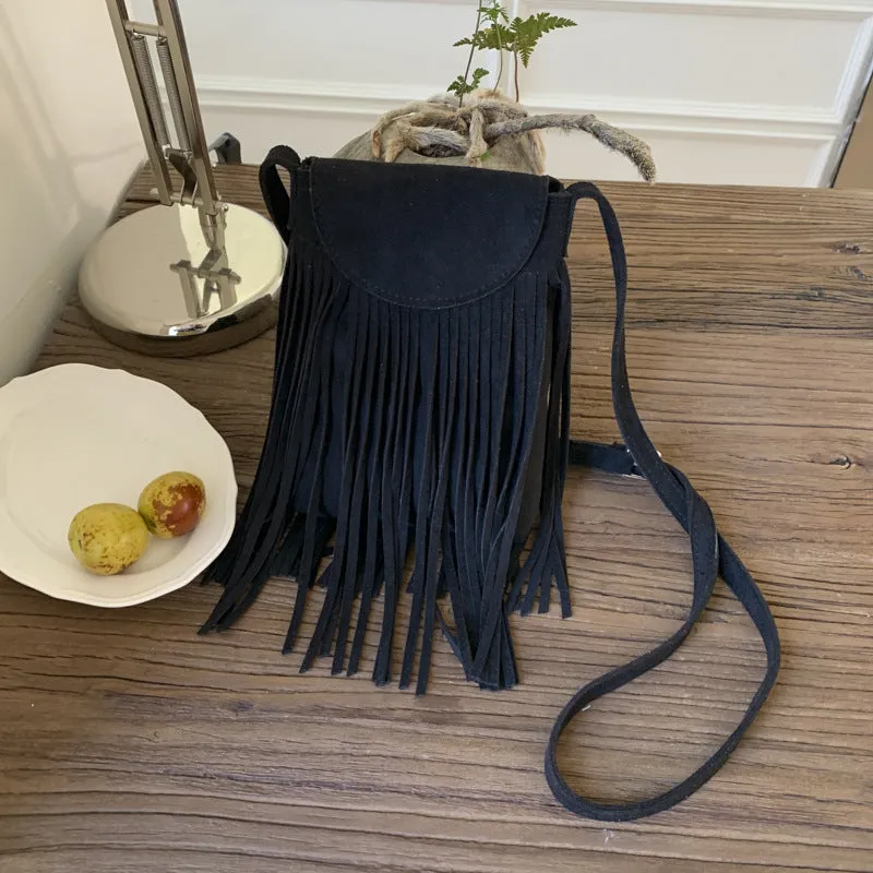 Retro frosted suede mobile phone messenger bag with tassel, available in multiple colours, 13cm length