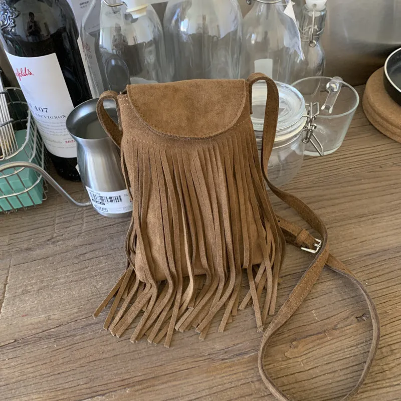 Retro frosted suede mobile phone messenger bag with tassel, available in multiple colours, 13cm length