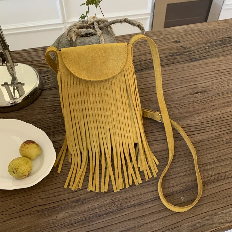 Retro frosted suede mobile phone messenger bag with tassel, available in multiple colours, 13cm length
