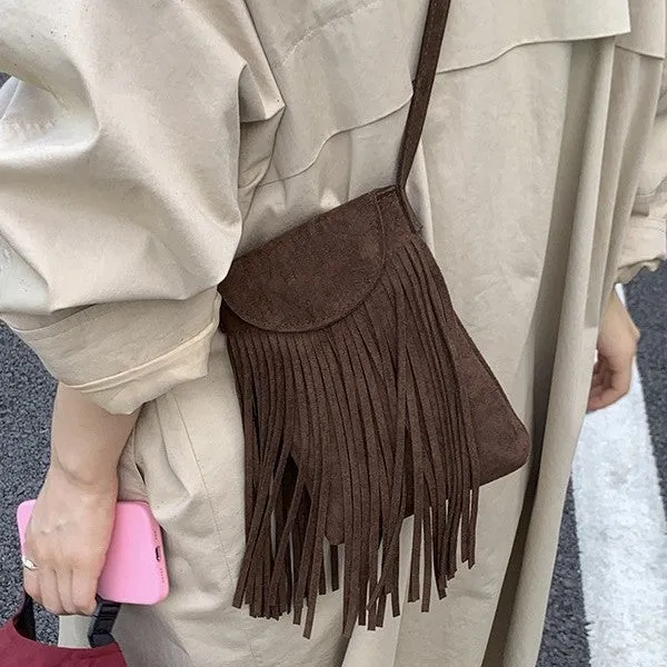 Retro frosted suede mobile phone messenger bag with tassel, available in multiple colours, 13cm length
