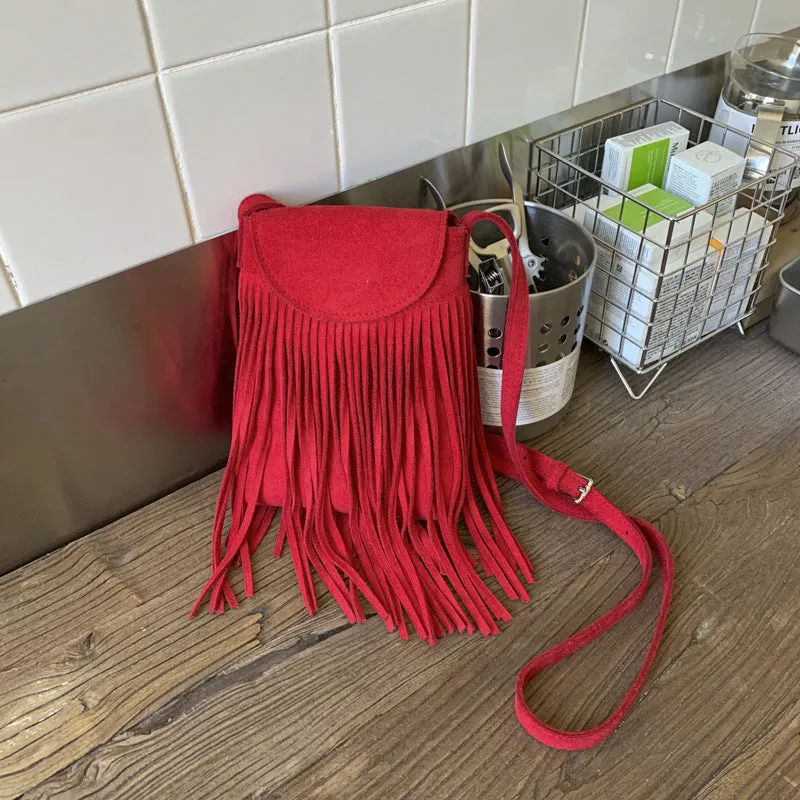 Retro frosted suede mobile phone messenger bag with tassel, available in multiple colours, 13cm length