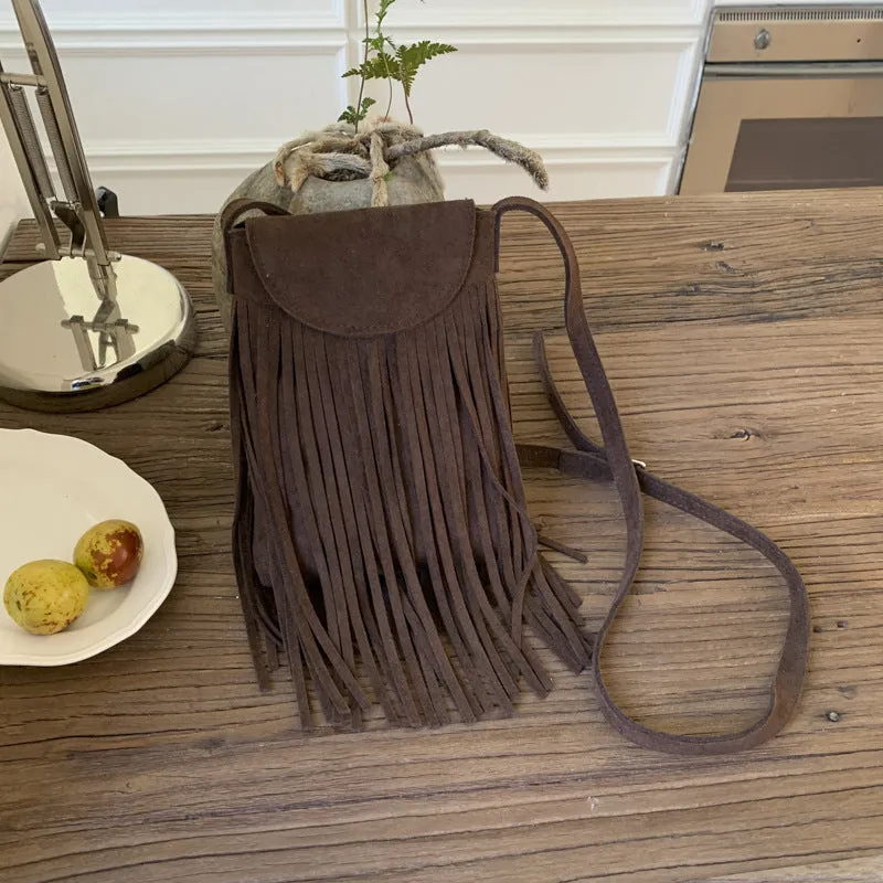 Retro frosted suede mobile phone messenger bag with tassel, available in multiple colours, 13cm length