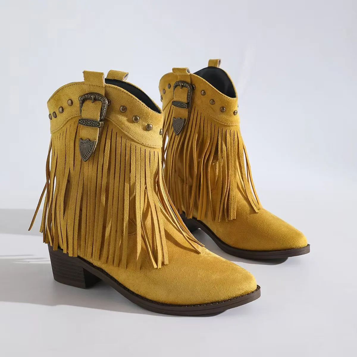 Retro pointed tassel western cowboy boot for women in plus sizes, suede upper, mid heel